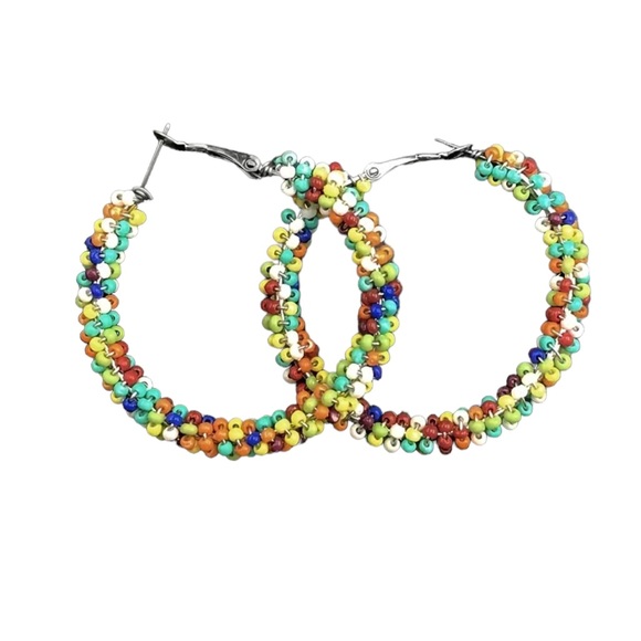 Boho Colorful Rice Beads Medium Hoop Earrings - Picture 5 of 8